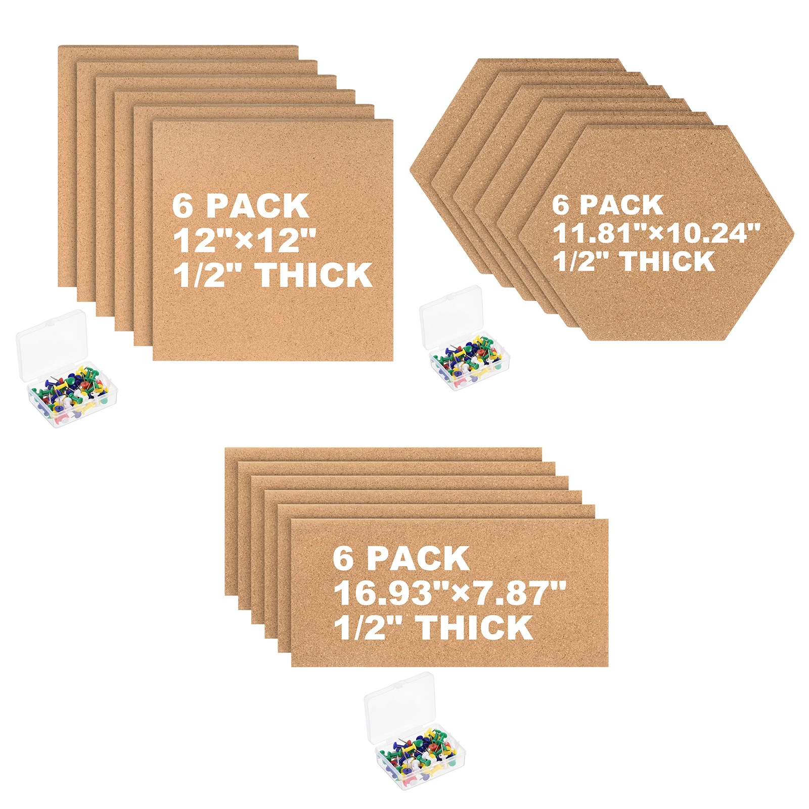 6Pc Cork Board Bulletin Board Cork Tiles 1/2" Thick Small Square Pin with Self Adhesive and 50Pc Push Pin Wood Clips
