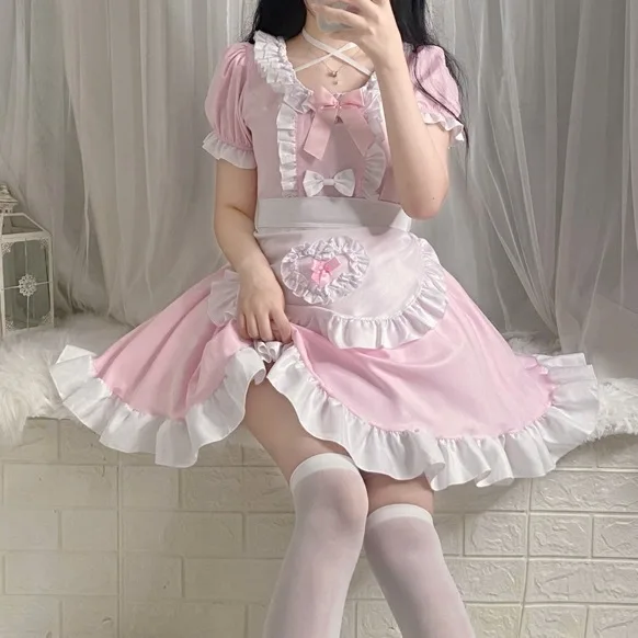 S-2XL Anime Lolita Dress Cafe Costumes Pink Maid Dress Lolita Sets Cosplay Maid Restaurant Cute Girl Kawaii Outfit
