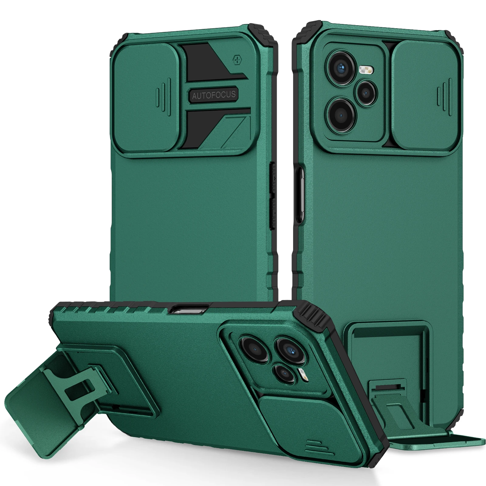 Durable Phone Case with Slide Camera Lens Protection and Stand
