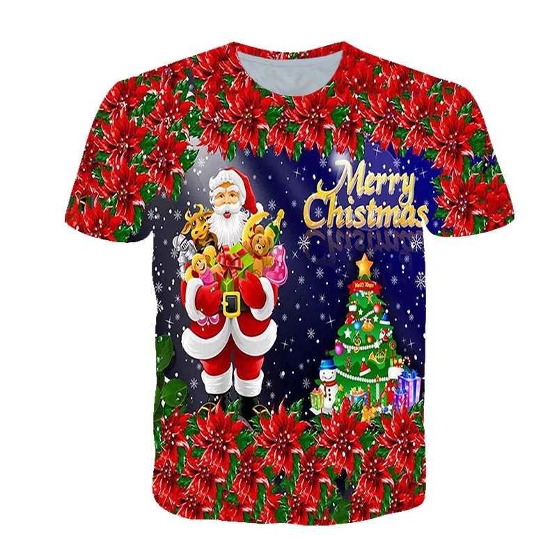 

New christmas themed 3D printed short sleeved T-shirt suitable for children aged 4-12 versatile and trendy new year clothing