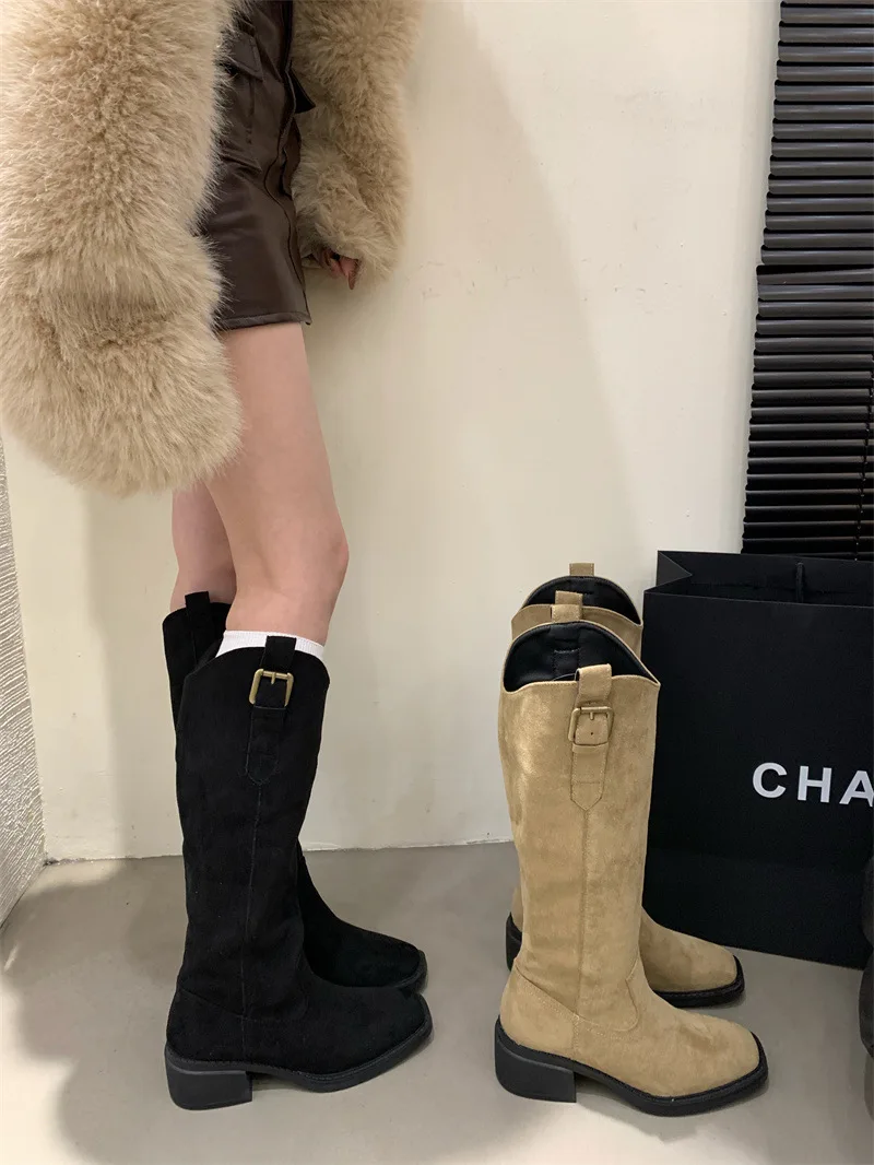 

Small Knight Boots Female Boots Autumn and Winter New Thick Heel Suede Long Tubed Boots English Style Square Head Boots