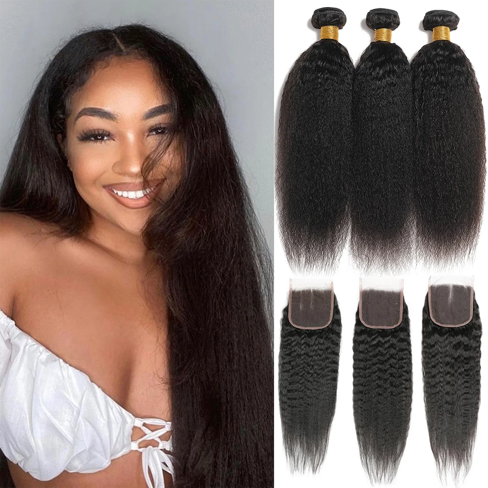 

12A Peruvian Kinky Straight Human Hair 3 Bundles With Closure Unice Yaki Straight Bunldes With Frontal 13x4 Tissage Bresilien