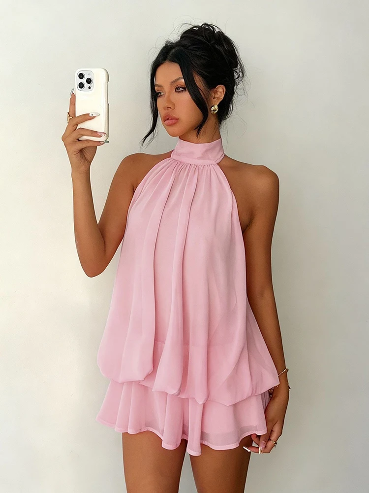 Women's Halter Neck Backless Chiffon Ruffle Mini Dress 3