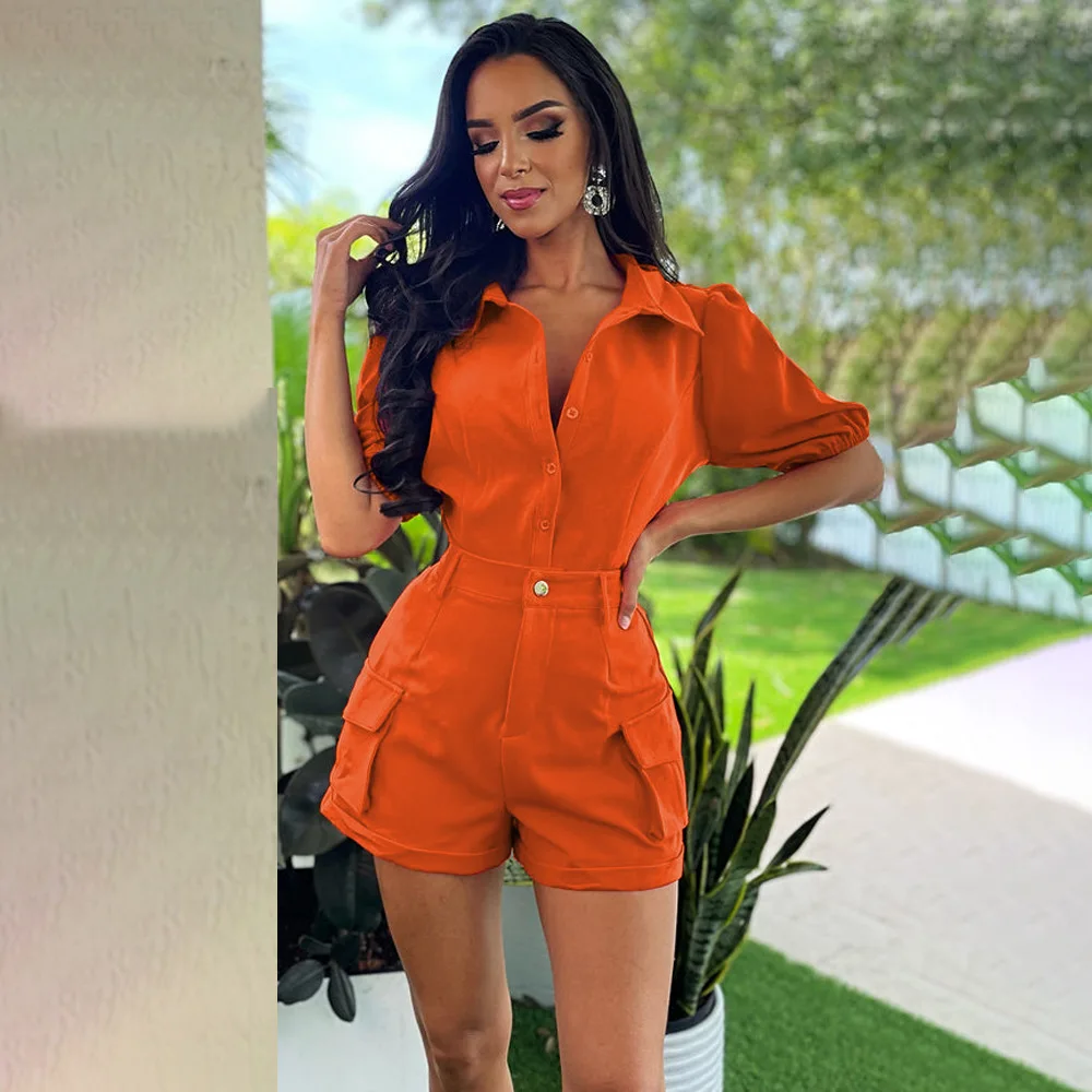 

Summer Outfits For Women 2023 Casual Puff Sleeve Button Shirts Blouse Office Ladies Elegant Shirt And Pocket Short Sets Blue
