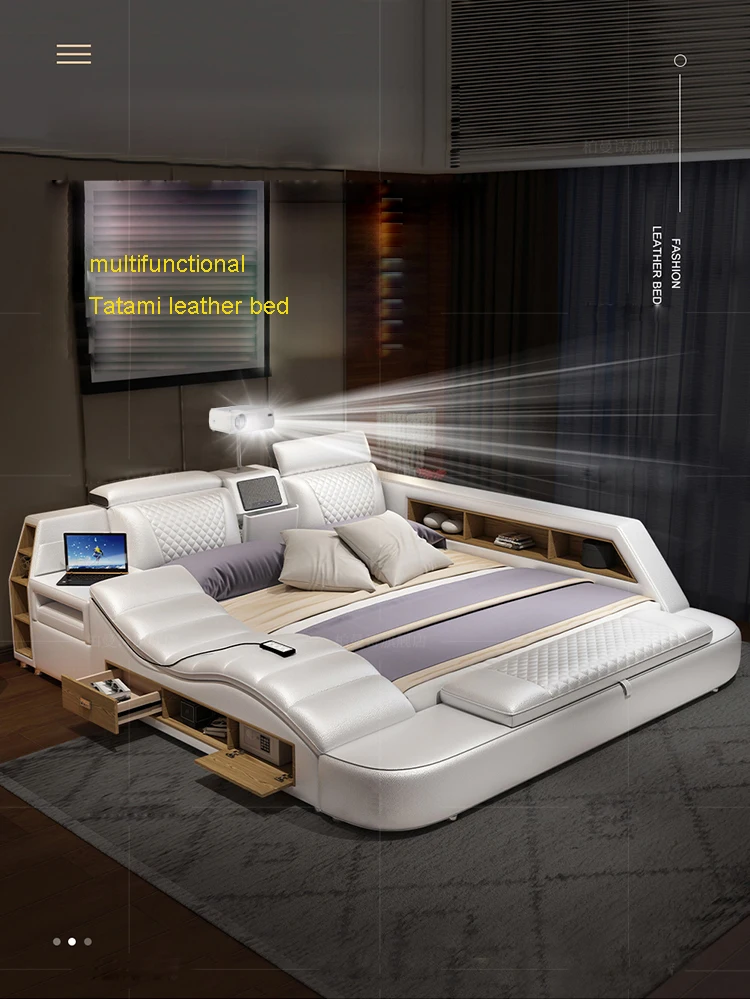 Multifunctional TATAMI Massage Genuine Leather Bed Frame King/Queen Size Tech Smart Beds Rectangle Ultimate Camas Designer Cama