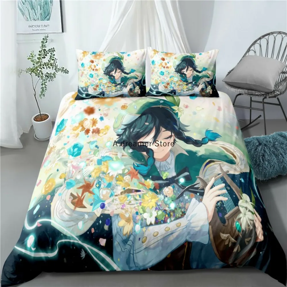 Genshin Impact Bedding Set Cartoon Anime Duvet Cover Single Double Size Kids Boys Luxury 3D Bed Linen Decor Home