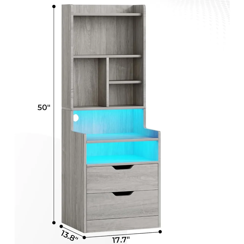 Charging Nightstand Set of 2 with LED Lights, Tall Night Stand with Bookshelf,Bedside Table with Drawers, Side Tables Bedroom 5