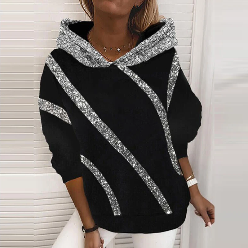 Hot Selling Sequin Printed Loose Hooded Sweatshirt for Women in Autumn and Winter 2024