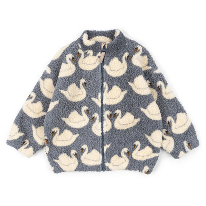 A/W Warm Jacket Girls Lamb Wool Hooded Jacket Boys Swan Printed Cotton Baby Winter Clothes