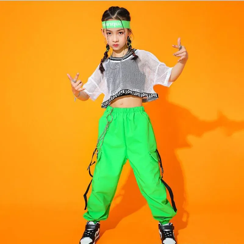 

Girls Ballroom Street Dance Costume Clothes Wear Kids Concert Outfits Hip Hop Clothing Net Crop Tank Tops Cargo Pants For