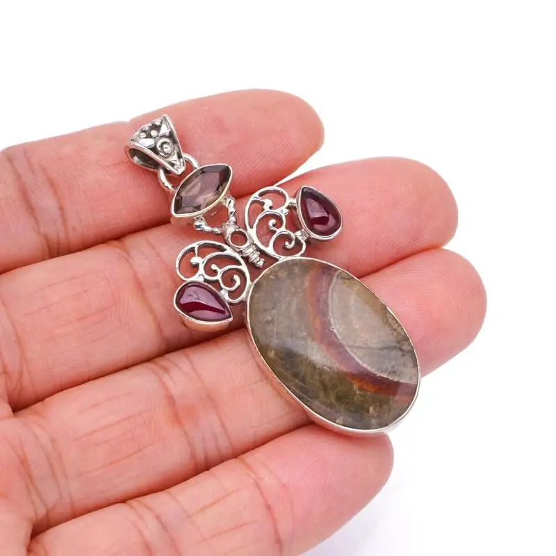 

StarGems Natural Ocean Jasper&Smoky Quartz And Amethyst Butterfly Handmade 925 Sterling Silver Pendant 2 1/4" F6605