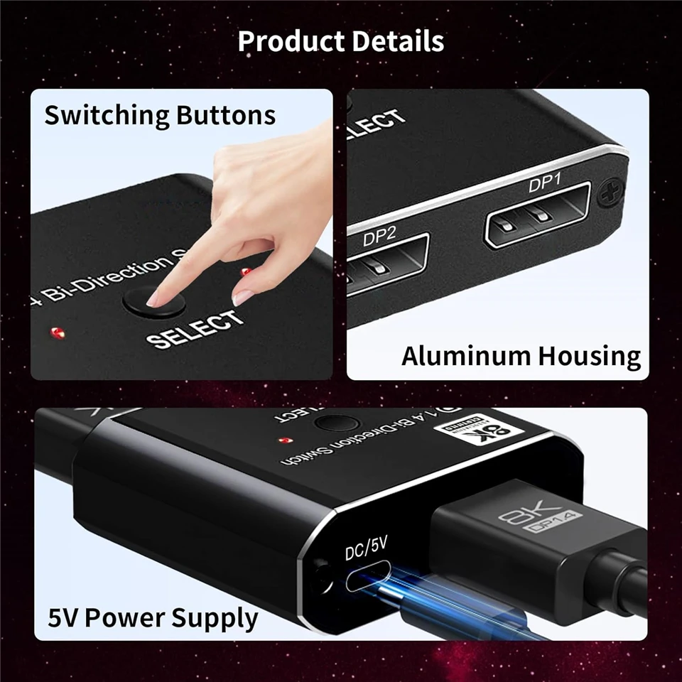 DisplayPort Switch 8K Splitter Bidirectional 4K 120Hz DP 1.4 Switcher Box with I