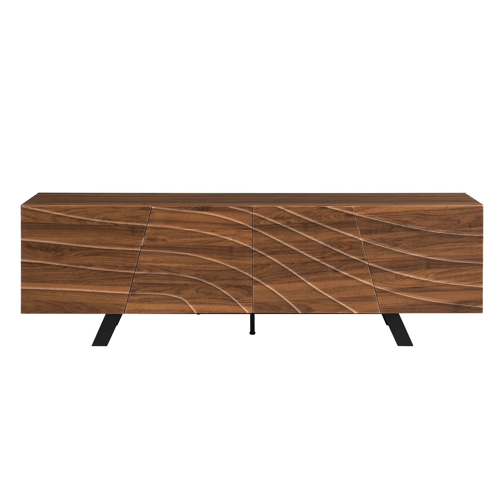 Moderner TV-Schrank mit wellenförmiger Vorderseite – Lowboard in Walnussoptik mit schwarzen Eisenbeinen, großem Stauraum, Kabelmanagement – Detail 26