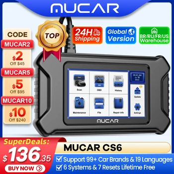 MUCAR 자동차 진단 도구, CS6 CS5 OBD2 스캐너, 자동차 OBD 스캐너, 자동 진단 도구, 코드 리더, 6 시스템, 7 리셋 무료