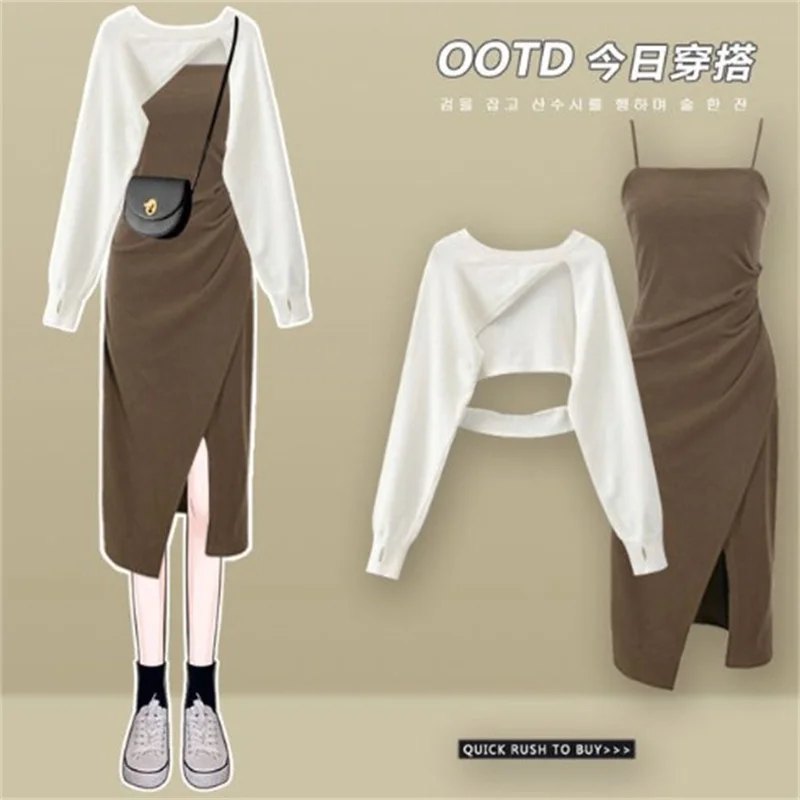 New Women's fashion cut-out sweater+suspender Skirt two-piece set Korean Elegant in Matching Set 2023 Spring Summer Dress Suit