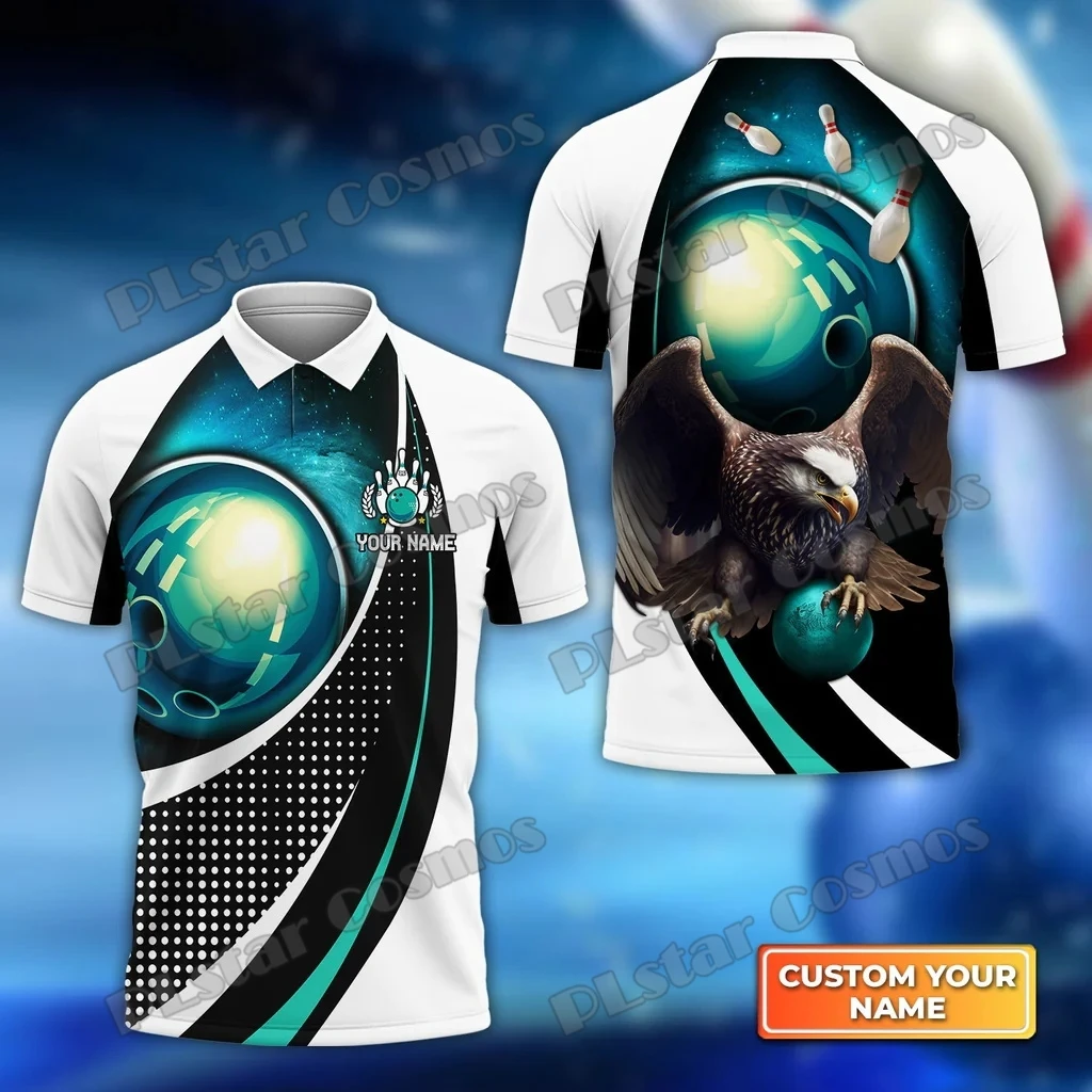 Blauer Bowlingball und Anstecknadeln auf Feuermuster, individueller Name, 3D-gedrucktes Herren-Poloshirt, Sommerstraße, Unisex, lässiges Poloshirt WK114 – Detail 11