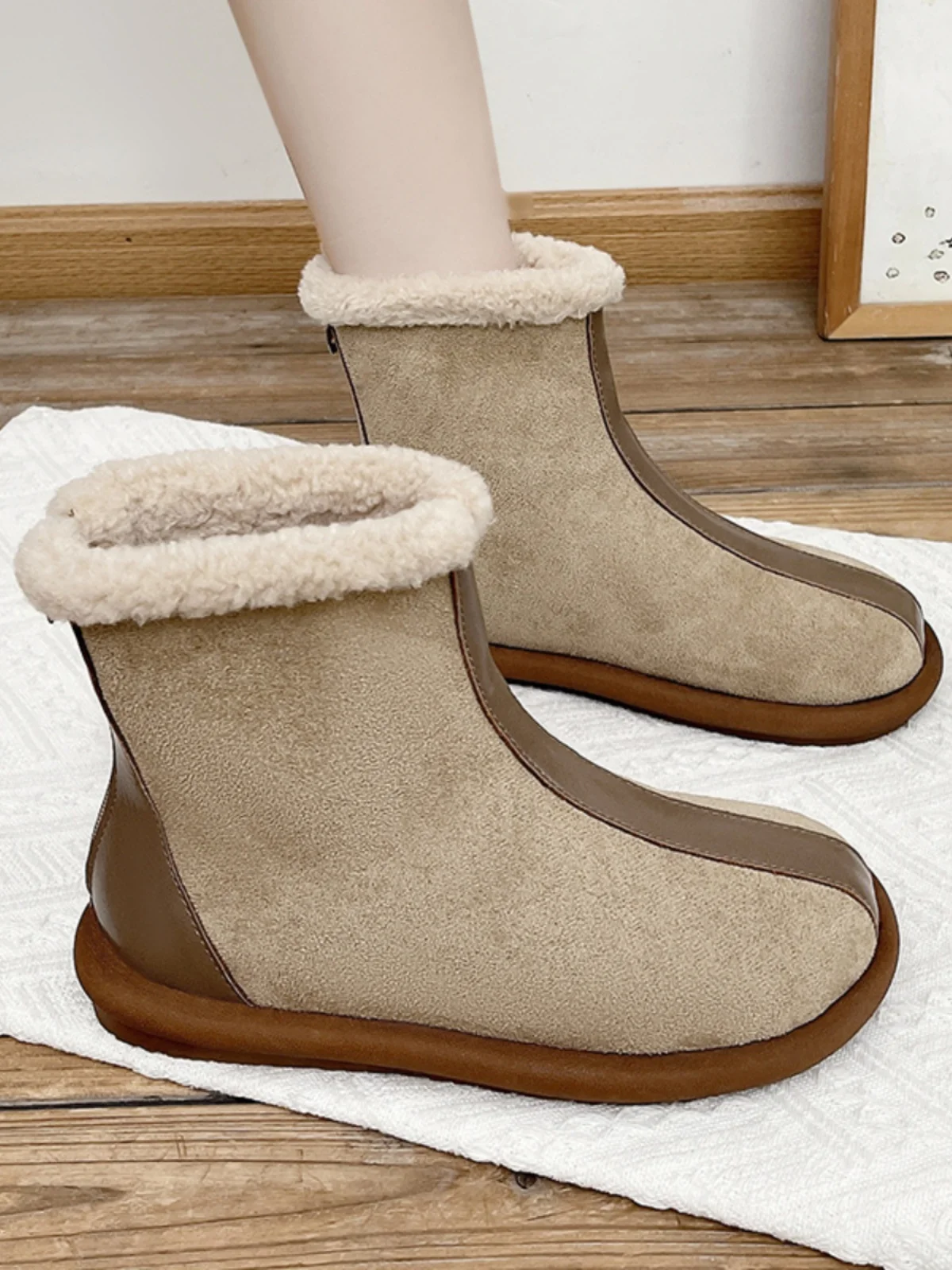 

Women's Rubber Boots Zipper Plush Boots-Women Flat Heel Australia Shoes Round Toe Winter Footwear Rain Low Fur Rock Ankle 2023 P