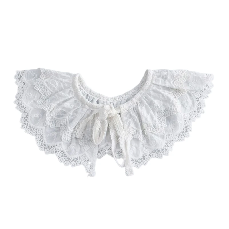 

Women Tiered Faux Collar Scarf Embroidery Lace Neckline Lace-Up Ribbon Tie Shawl G5AE
