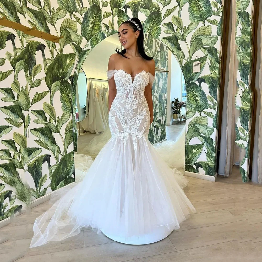 

Mermaid Fascinating Wedding Dresses Sexy Backless Lace Applique Pretty Off Shoulder Sleeveless Boho Mopping Bridal Gowns 2023