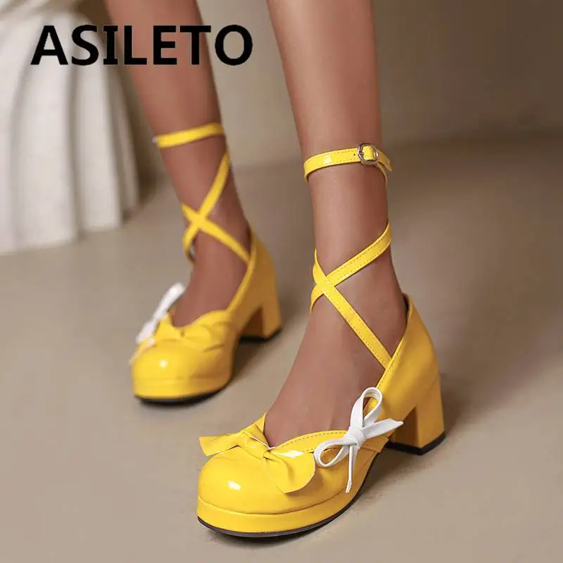 

ASILETO Lolita Style Women Pumps Round Toe Thick Heels 5.5cm Crossover Buckle Strap Bowknot Large Size 47 48 Sweet Girls Shoes