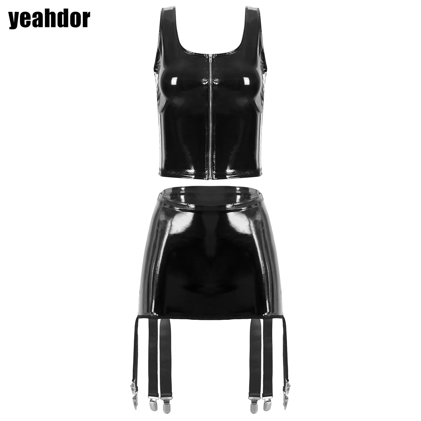 

Womens Wet Look Patent Leather Set Sleeveless U Neck Zipper Tank Top with High Waist Garter Skirt for Night Club Party