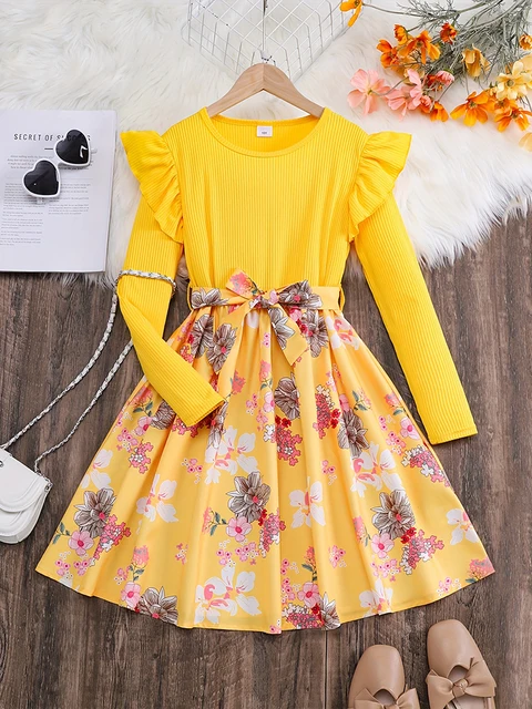 Printemps et automne hiver filles enfants filles, décontracté mignon doux pétale manches ceinture réglable numérique imprimé robe 1