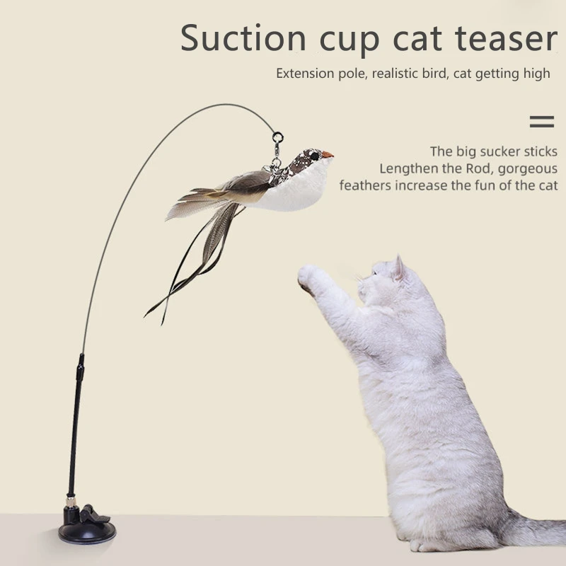 Cat Teaser Wand 35 Long Wire with Feathered and Bells Cat Toy with Suction  Cup