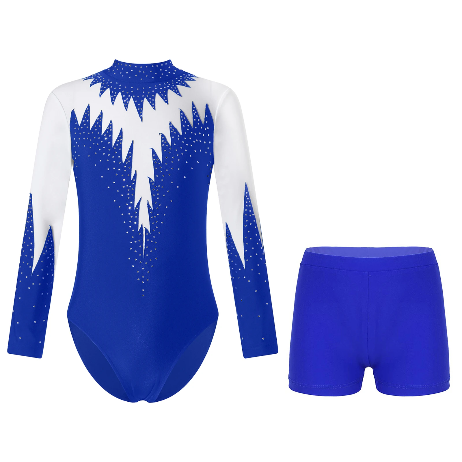 

Kids Girls Long Sleeve Hollow Back Shiny Rhinestone Ballet Dance Leotards with Shorts Outfit 2Pcs Athletic Tracksuit Sportswear