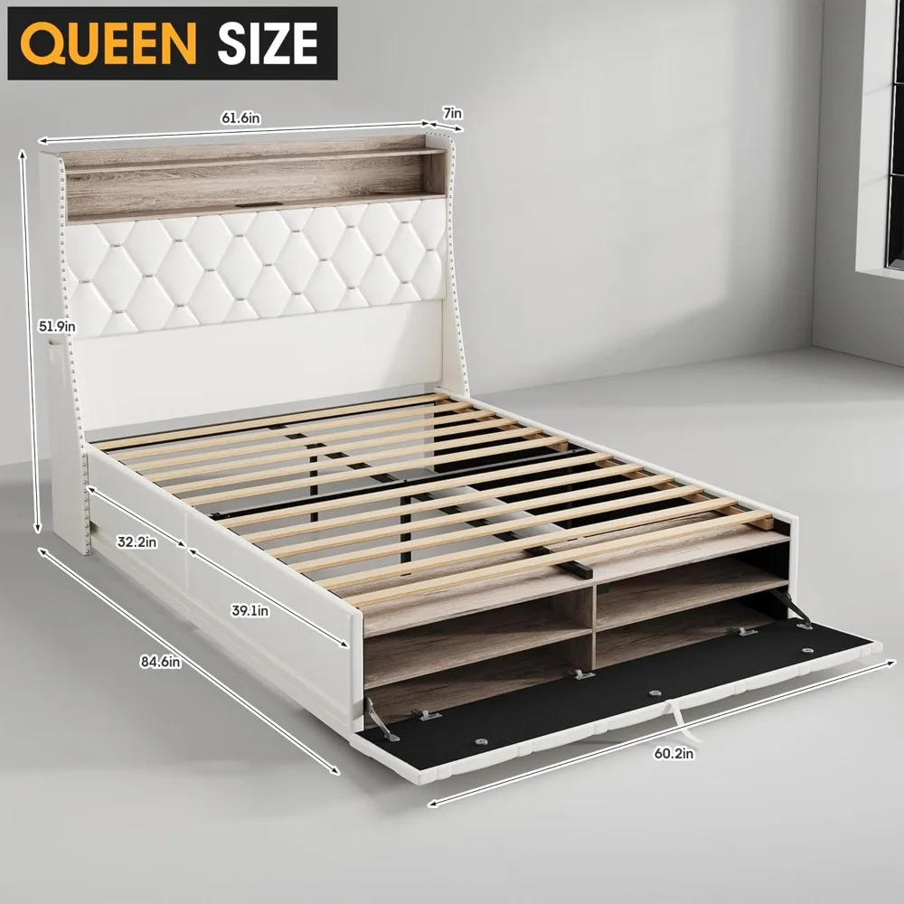 Large Bed Frame, 51.9-inch High Wing Back Cushioned Storage Headboard, with USB Charging, LED Platform Bed 2