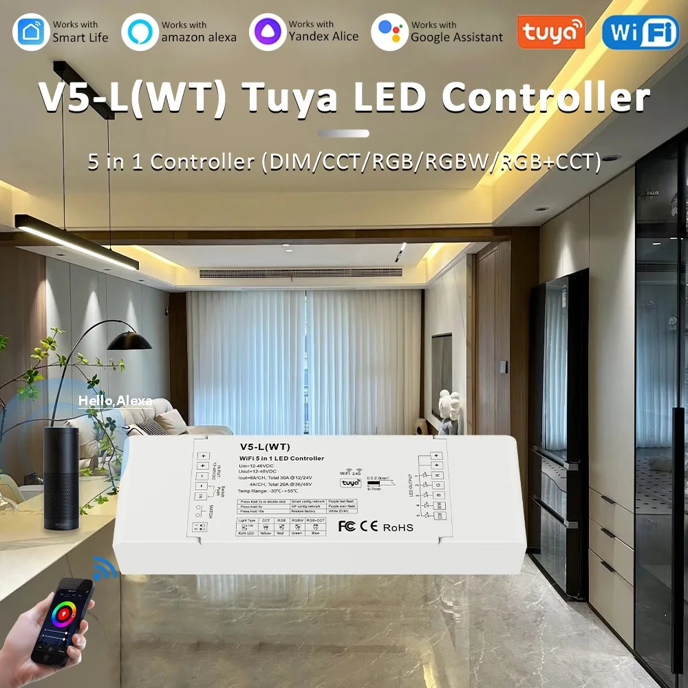 Tuya Alexa Google Home Smart LED Strip Controller RGB CCT RGBW Single Color Dimmer DC 12V 24V 36V 48V WIFI Voice Control V5-L