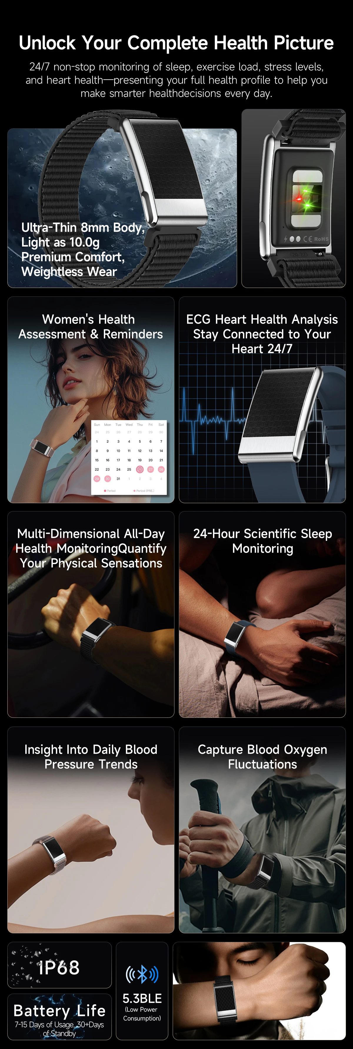 New No Screen Health Bracelet Precise Heart Rate Blood Pressure ECG Monitor Call Reminder Smart Watch Sport Band Fitness Tracker