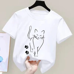 Kawaii Kitten Summer Kids T - Shirt - Cute Cartoon Cat Short Sleeve Tee - 130 (WHITE)