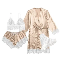 Women's Summer Sexy Pajama Pants Set 4 Pieces Lace Satin With Silk Sleepwear Robe Fashion And Comfortable Nightwear - Image 6