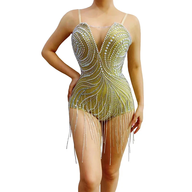 

Sexy Sparkly Pearls Rhinestones Fringes Bodysuit Performance Dance Show Leotard Birthday Outfit Party Club Singer Dancer Costume