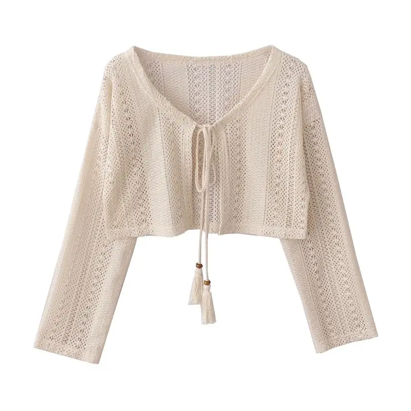 

Sweet Girl New Bohemian Holiday Style Fringed Lace Up Crochet Hollow Cardigan Tops Women's V-neck Long-sleeved Lace Short Jacket