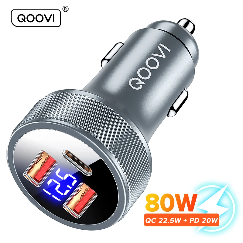  QOOVI 80W Car Charger USB Type C Dual Port USB Phone Charger PD Fast Charging For iPhone 13 Xiaomi Samsung iPad Laptops Tablets 