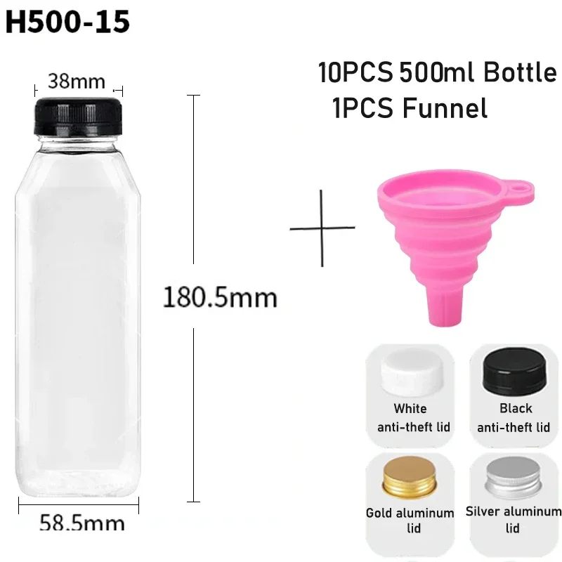 Set of 10 Reusable Clear Plastic Bottles with Funnel - 60ML to 500ML Capacity for Juices, Smoothies, and Milk