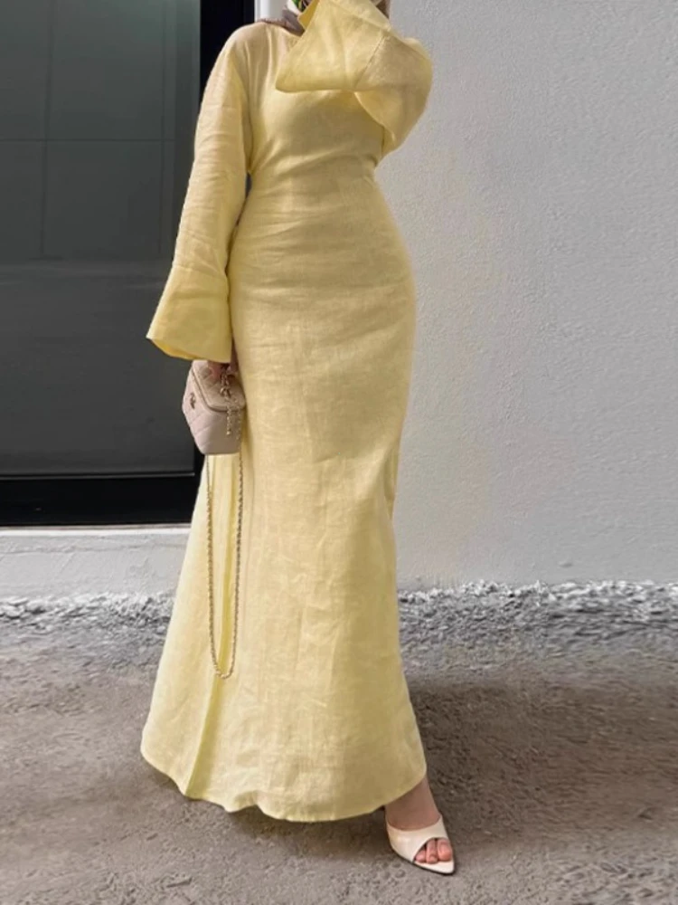 aliexpress ladies dresses Women' Dresses Elegant O-neck Cotton Lined Back Lace Up Flare Sleeve Waist  Cinching Long Robes Female 2025 Summer Lady Dress