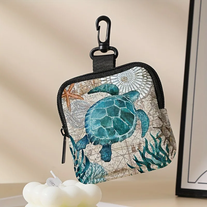 Turtle Print Coin Purse Artificial Leather Colorful Zipper Storage Pouch Multifunctional Mini Earphone Bag