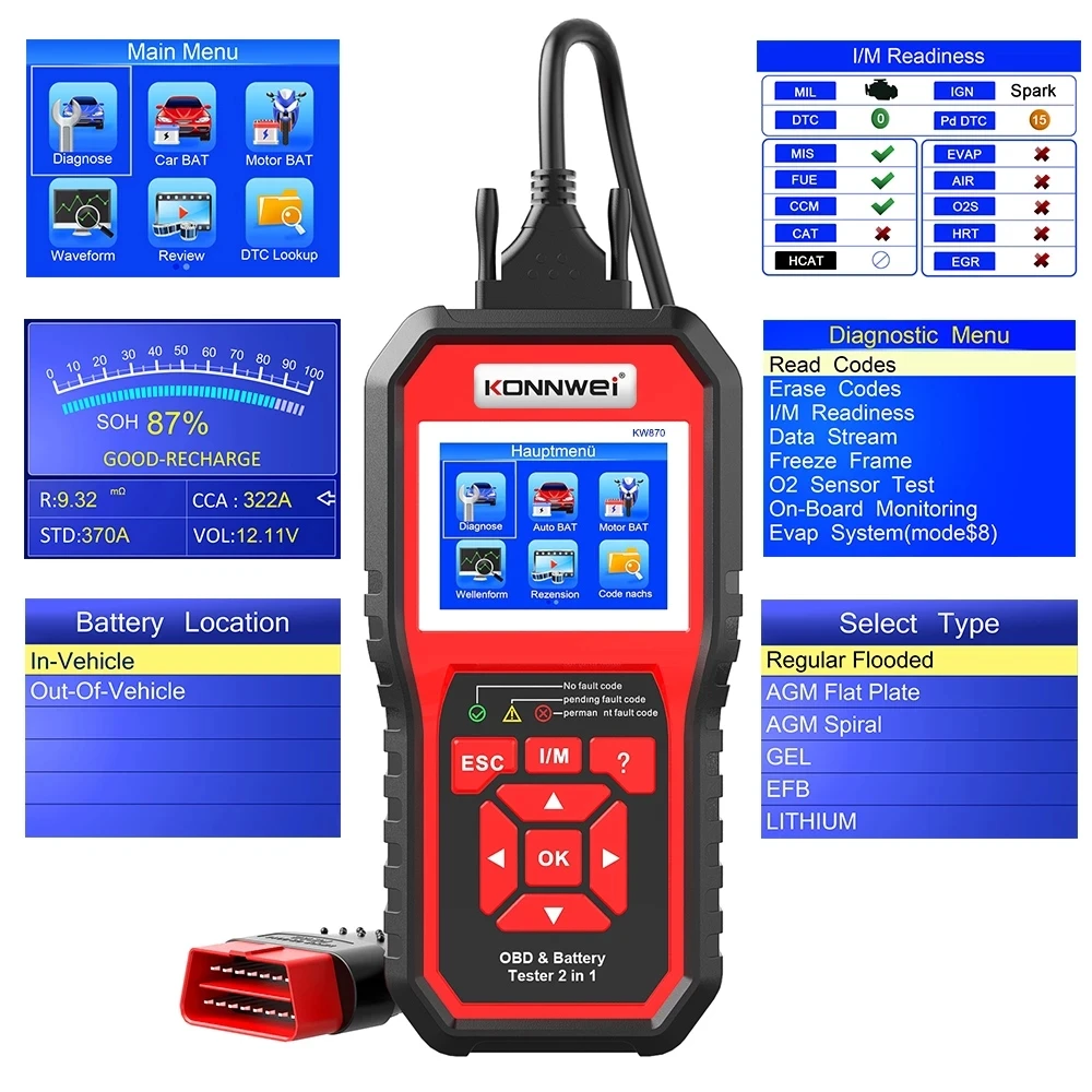 Scanner Obd2 Strumento Di Diagnostica Obd2 Professionale Kw870 Tester Per Batterie Per Moto Per Auto 6V 12V Per Tutti I Tester Di Ricarica Per Avviame