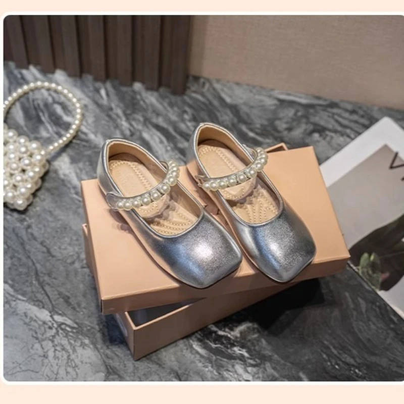 Leather Girls Ankle Strap Shoes with Beads for Autumn