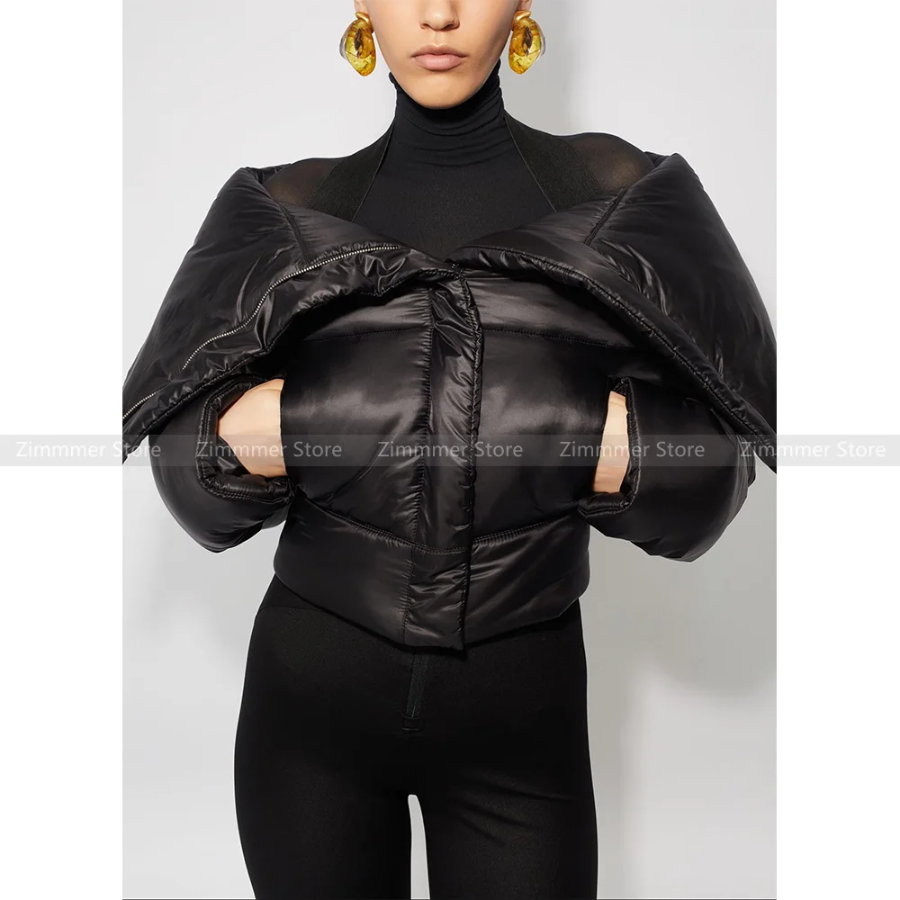 

24 Years autumn and winter new women niche fashion design lapel short black down cotton jacket