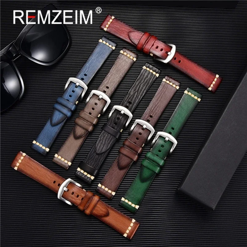 REMZEIM Premium Genuine Leather Green Watch Strap with Solid Clasp