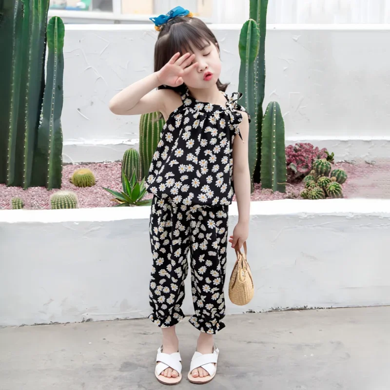 여아 의류 세트, 여름 민소매 프린트, 쉬폰 셔츠 및 바지 의상, 어린이 캐주얼..