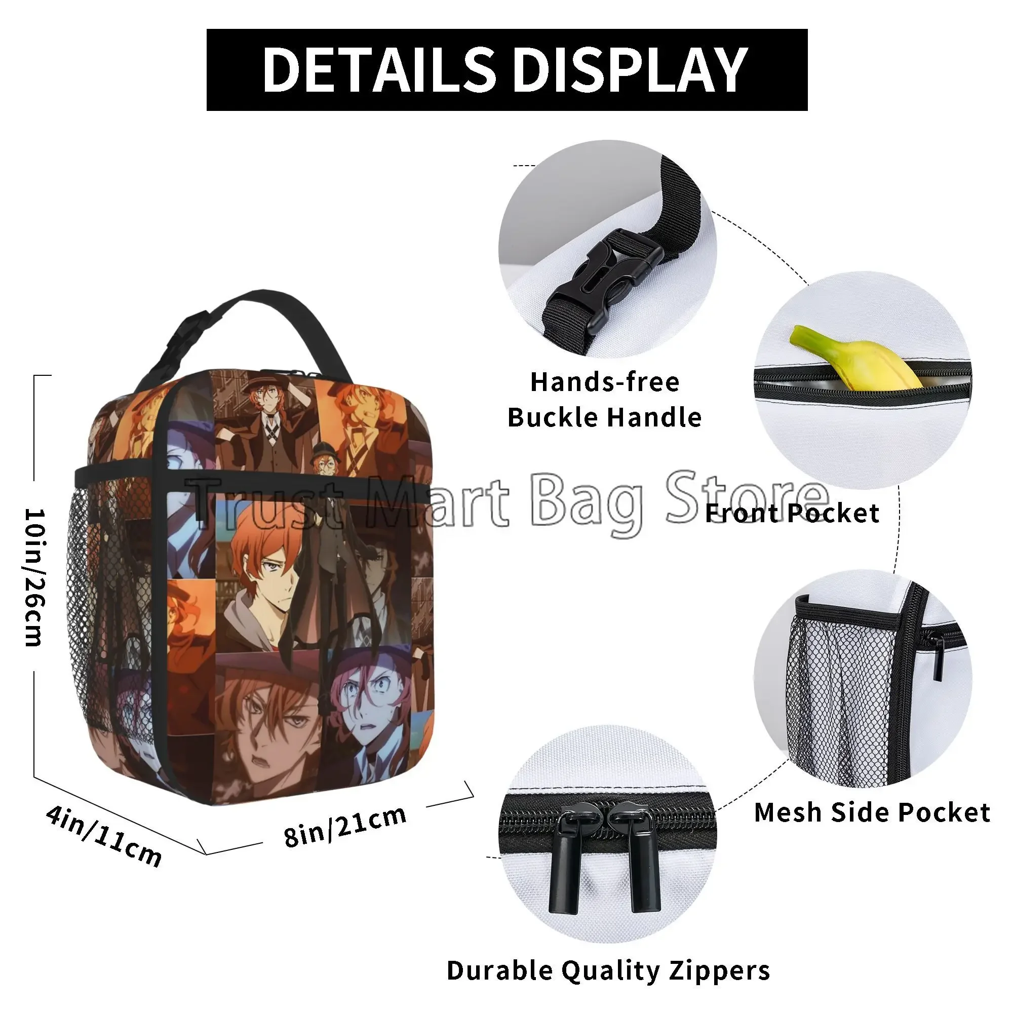 Bungou Stray Dogs Nakajima Atsushi TV Series Chuuya Nakahara Insulated Lunch Bag Reusable Portable Thermal Lunch Box Bento Tote