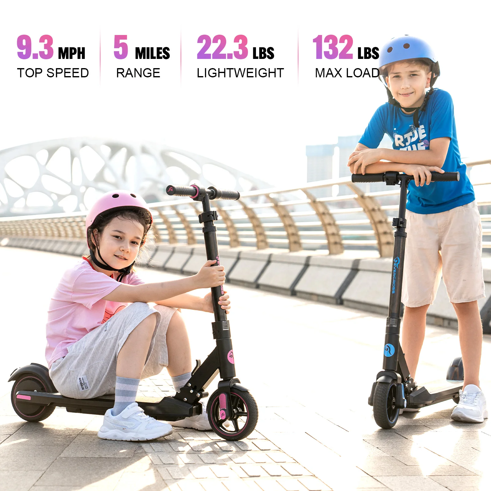 Electric Scooter EVERCROSS Electric Scooter Kids Foldable Scooter for Kids Ages 6-12 9.3 MPH & 5 Miles LED Display Colorful LED Lights UL
