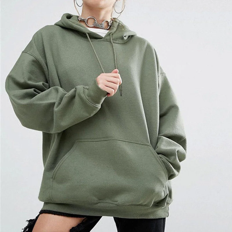 Women Cotton Long Sleeve Pullover Hooded Pocket Solid Sweatshirt Fashion Casual Spring Fall Winter Hoodies Classic Tops Simple
