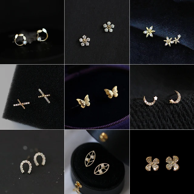 925 Silver Needles Ear Piercing Zircon Moon Butterfly Flower Gold Color Stud Earrings for Women Sweet Fashion Girl Jewelry Gift