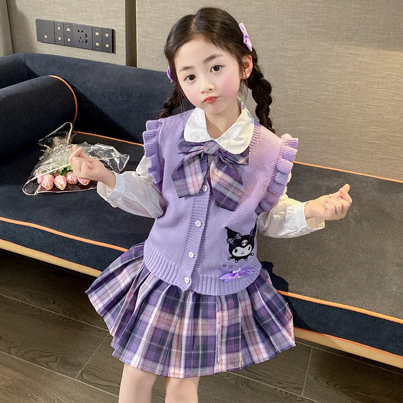 

Kawaii Kuromi My Melody Girls Весна новый костюм JK в студенческом стиле аниме Sanrio милый свитер жилет плиссированная юбка комплект из трех предметов