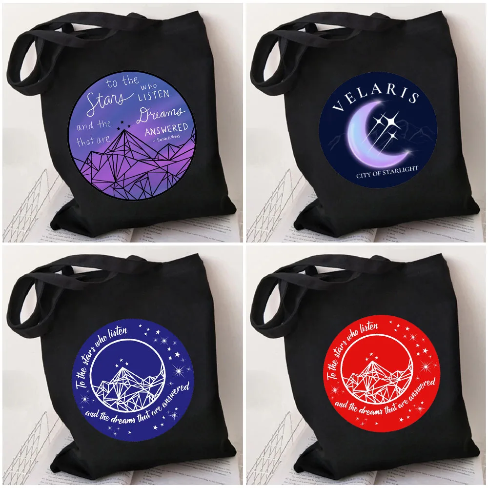 

A Court Of Mist And Fury Moon Stars Dreams Mountains ACOTAR Night Court Insignia Women Canvas Shoulder Tote Handbag Shopping Bag